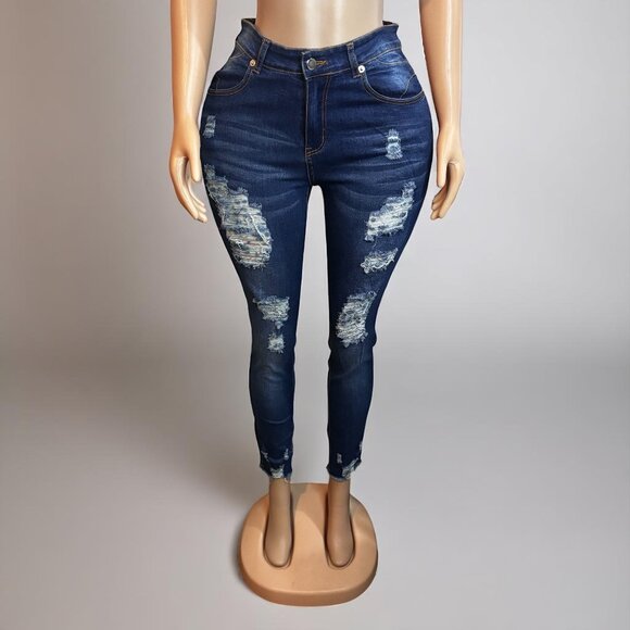 Blue Distressed Raw Hem Denim Pants - Picture 2 of 7